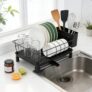 Zoyiancy Dish Drying Rack for Kitchen Counter, Dish Drainer with Removable Utensil Holder and Drainboard, Space Saving Countertop Organizer Plate Storage Rack with Drainage Spout, 11W x 15L, Black