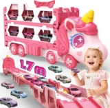 maysida Transport Truck Toys Cars for 3 4 5 6 Year Old Girl, Portable Unicorn Carrier Truck Car with 6 Race Cars, Pink Unicorn Cars Toy – Birthday for 3 4 5 6 7 8 9 Year Old Girls Boys