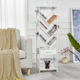 ruboka Tree Bookshelf with Side Table, Tall Bookcase with Storage Cabinet, Floor Standing Modern Narrow Bookshelves Organizer for Bedroom/Living Room/Home Office/Corner (White, 10 Tier)